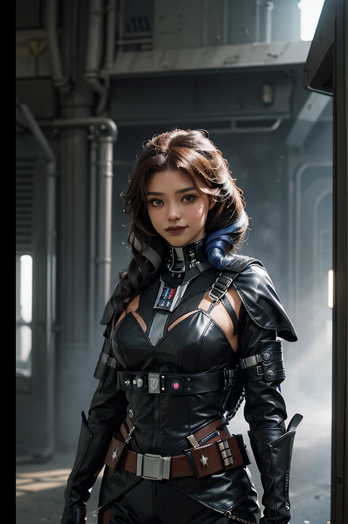 (Highest image quality, outstanding details, ultra-high resolution), 1 girl, (wearing futuristic military outfit), (glamour body:1.2, buffed and muscular body), (a bit chubby:0.5), (futuristic military outfit inspired by Darth Vader from Star Wars, military harness, military gears such as pouches), background military base, mild smile, dynamic pose, dramatic lighting,