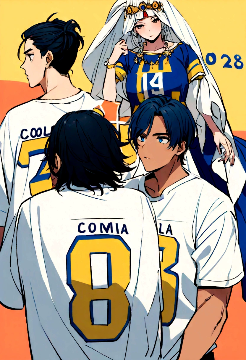 Create an image of the bride and groom with their backs turned watching the Colombia game, with the Colombia shirt and that on the back of the shirts have the name of Miguel with the number 28 and the other that says Camila with the number 03