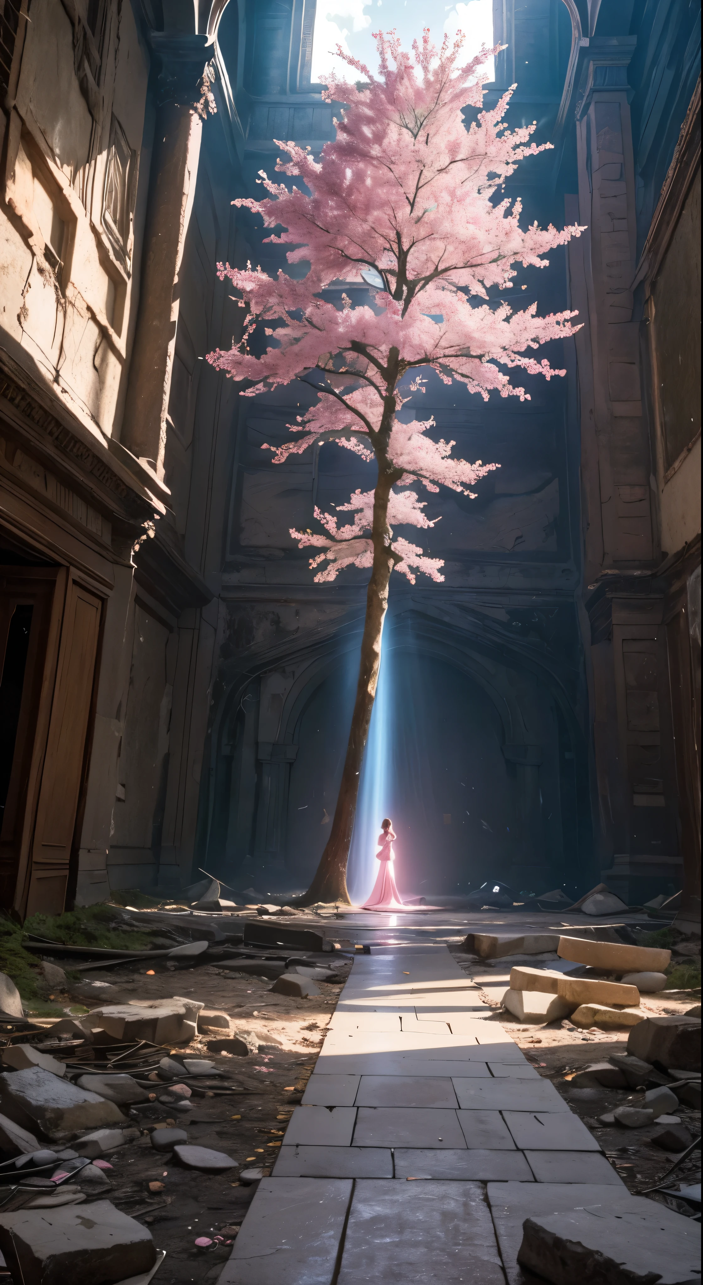 an amazing pink tree on a rock on the beach, in the style of realistic depiction of light, passage, faith-inspired art, abandoned spaces, light-filled scenes, immersive environments, flower and nature motifs --ar 14:25  