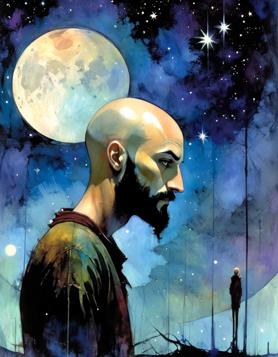 young, bald man with black beard, loneliness, fantastic, night sky, moon, stars, background (art inspired by Bill Sienkiewicz). oil painting)