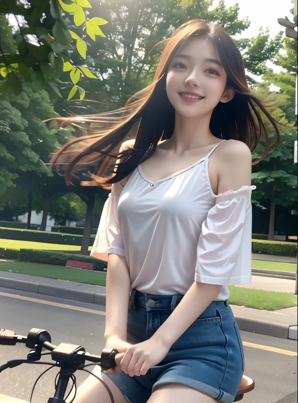 Two Girls、Two Girls、21 years old、Park with flowers、Cute girl riding guy、smile、Small breasts、Hair blowing in the wind、Thighs、8K、masterpiece、High resolution、high quality、High resolution、最high quality、