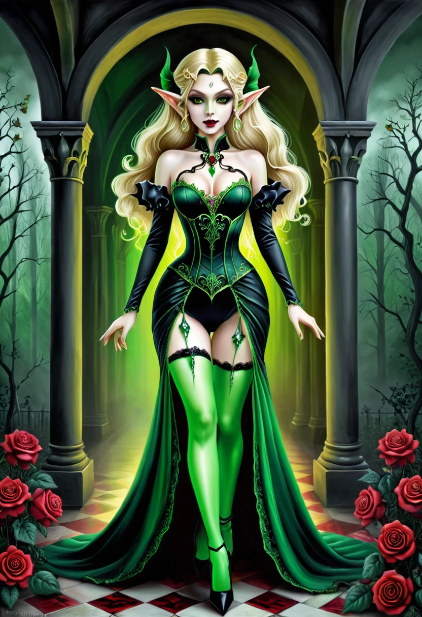 Dark fantasy art, fantasy art, goth art, a picture of the elf Princess Zelda as vampire, exquisite beauty, full body shot, dark glamour shot, pale white skin, blond hair, long hair, wavy hair, (glowing green: 1.3) eyes, she wears a (green: 1.3) intricate glamour dress, thigh high heels, the roses are imprinted on the dress (black: 1.4) black roses vibrant, Ultra-high resolution, High Contrast, (masterpiece:1.5), highest quality, Best aesthetics), best details, best quality, highres, ultra wide angle, 16k, [ultra detailed], masterpiece, best quality, (extremely detailed), betmd, high heells, dark castle porchm, dark, black and colorm, Dark Art Painting Style