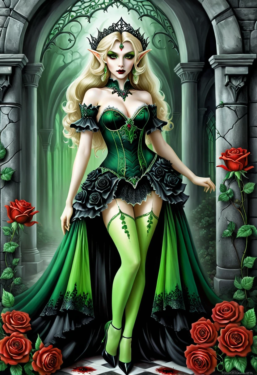 Dark fantasy art, fantasy art, goth art, a picture of the elf Princess Zelda as vampire, exquisite beauty, full body shot, dark glamour shot, pale white skin, blond hair, long hair, wavy hair, (glowing green: 1.3) eyes, she wears a (green: 1.3) intricate glamour dress, thigh high heels, the roses are imprinted on the dress (black: 1.4) black roses vibrant, Ultra-high resolution, High Contrast, (masterpiece:1.5), highest quality, Best aesthetics), best details, best quality, highres, ultra wide angle, 16k, [ultra detailed], masterpiece, best quality, (extremely detailed), betmd, high heells, dark castle porchm, dark, black and colorm, Dark Art Painting Style