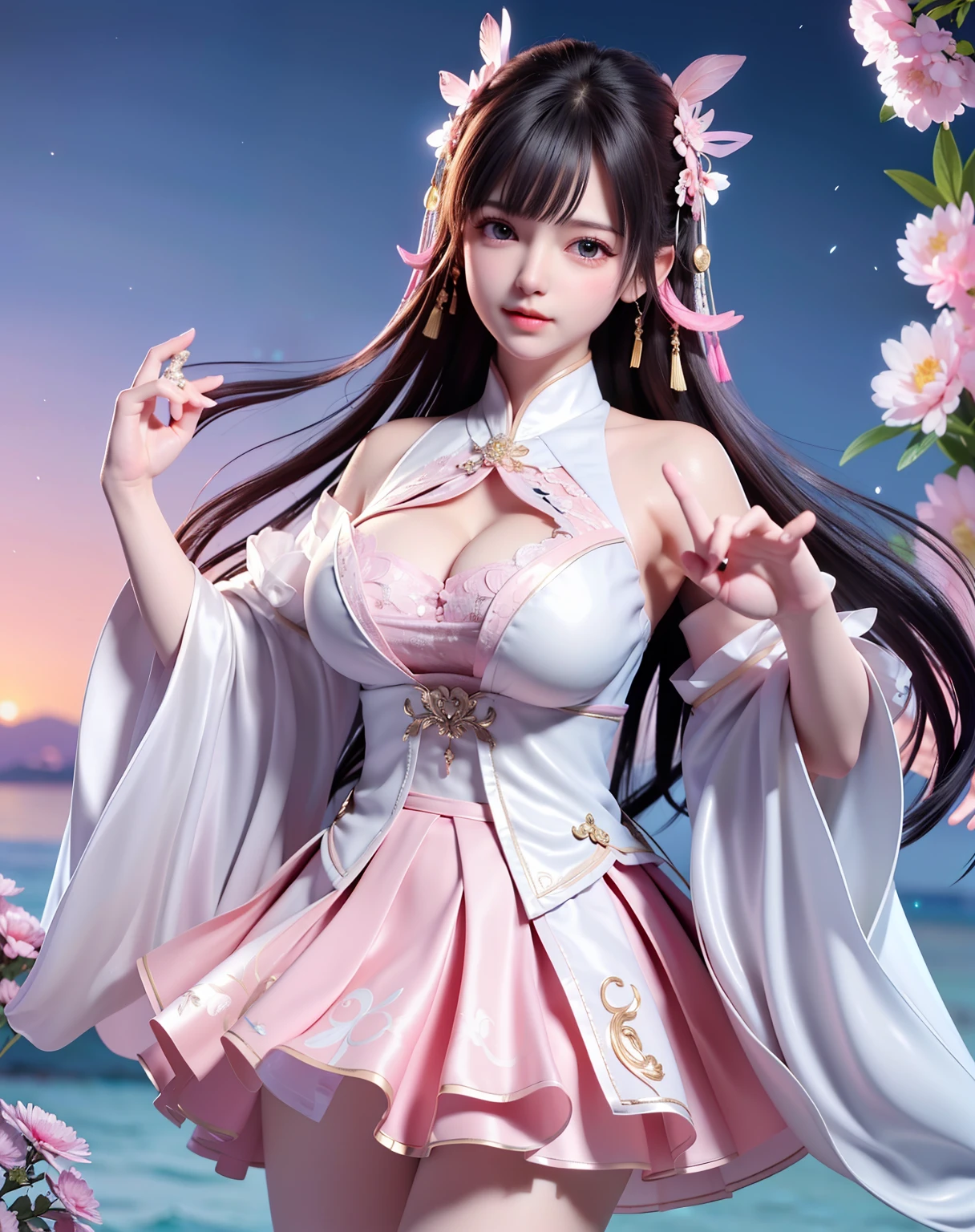 (8k, RAW photo:1.2), best quality, ultra high res,dramatic angle,(fluttered detailed color splashs), (illustration),(((1 girl))),(long hair),(rain:0.9), (Headdress:1.4),There is an ancient palace beside the girl,Hanfu,(Key Points),Color ink painting,(Splash of Color),Splash of Color,(((colorful))),(sketch:0.8) , Masterpiece, best quality, beautiful painted, highly detailed,(denoising:0.6),[splash ink],((ink refraction)), (beautiful detailed sky),moon,highly,detaild,(masterpiece, best quality, extremely detailed） CG Unity 8k Wallpaper，masterpiece，best quality，Ultra Detailed），（Lycoris）.shoulder ballet dress open V-chested clothes Thin silk lace dress short skirt , (huge ，cleavage),, white pink, blue ，best qualtiy，tmasterpiece，Ultra-high resolution，（Reality：1.4），RAW photogr，（True skin texture：1.3），（filmgrain：1.3），（Selfie angle），1个Giant Breast Girl，Beautiful eye and face details，tmasterpiece，Best quality at best，，The chest more exposed， detailed hair, bra pink , detail 8k, full body, lace petticoat