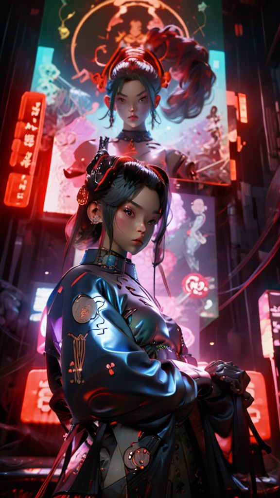 Ninja girl cyborg. Cyberpunk samurai hold katana
