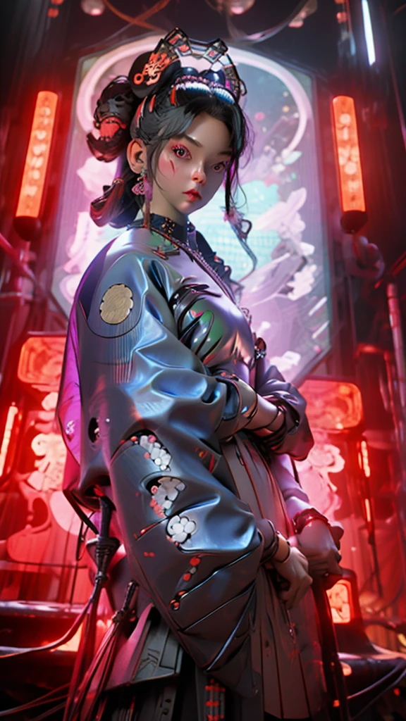 Ninja girl cyborg. Cyberpunk samurai hold katana