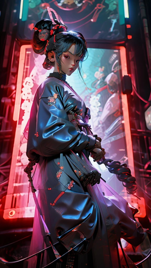 Ninja girl cyborg. Cyberpunk samurai hold katana 