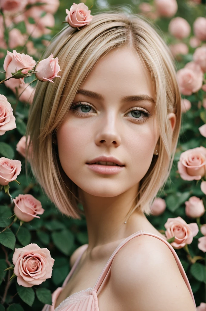 8k, photo and gross, fujifilm, Style photography of a beautiful young girl like Avril in a light pink rose garden. (very detailed skin: 1.2) Style-Petal BREAK short hair, blonde hair with colored highlights, wearing a dress, film grain, 35mm, beautiful style