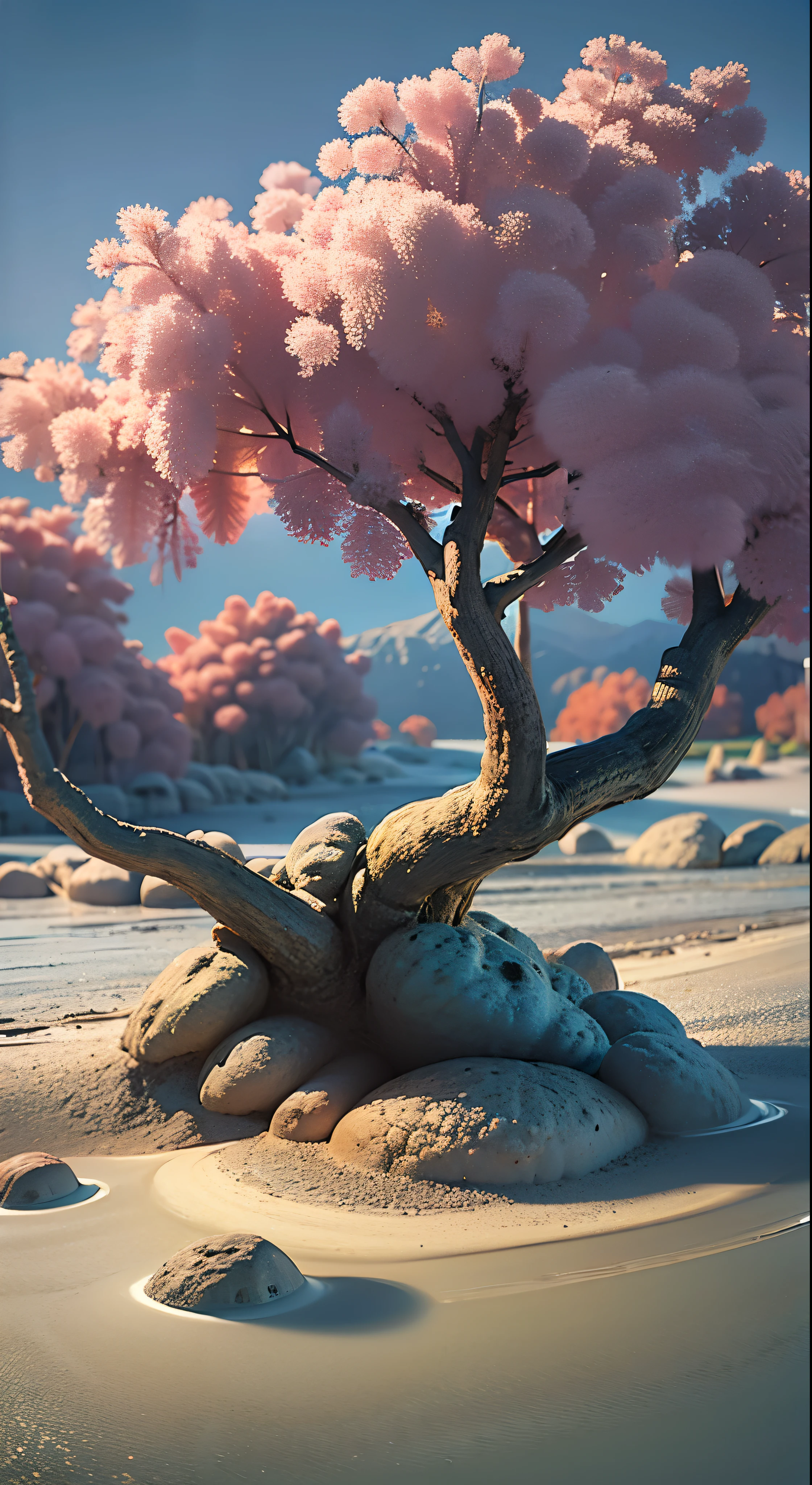 an amazing pink tree on a rock on the beach, in the style of realistic depiction of light, passage, faith-inspired art, abandoned spaces, light-filled scenes, immersive environments, flower and nature motifs --ar 14:25  