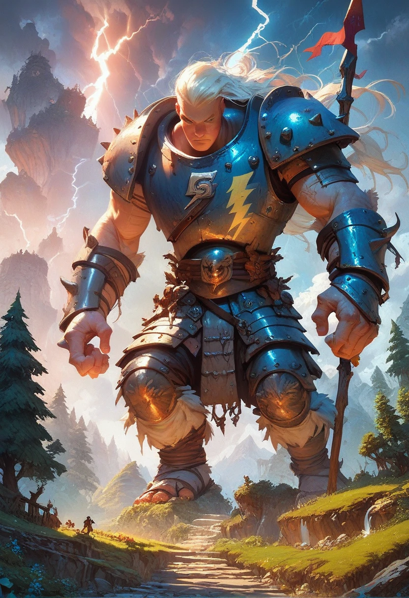 epic character, gladiator, iron armor, large medieval spear, naruto-style scenery, vibrant colors, lightning bolts, long hair, towering mountains and giant trees, intense sunlight