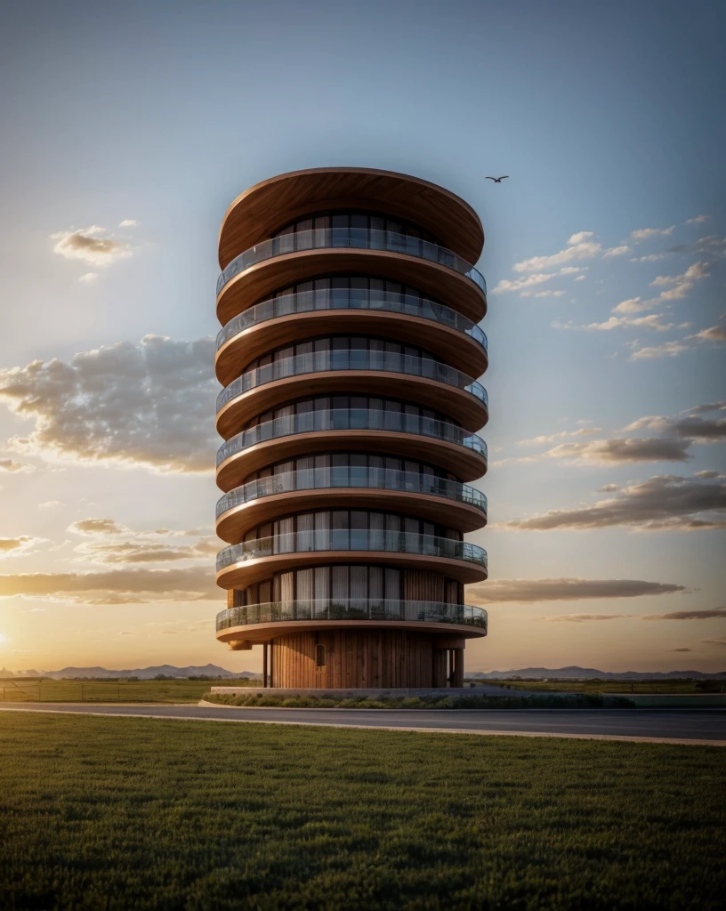 Zaha Hadid style 7-story hotel tower with wood and metal texture, rural landscape with horses and herd of cattle grazing, little birds flying in the sky at dusk in high quality, 8k uhd