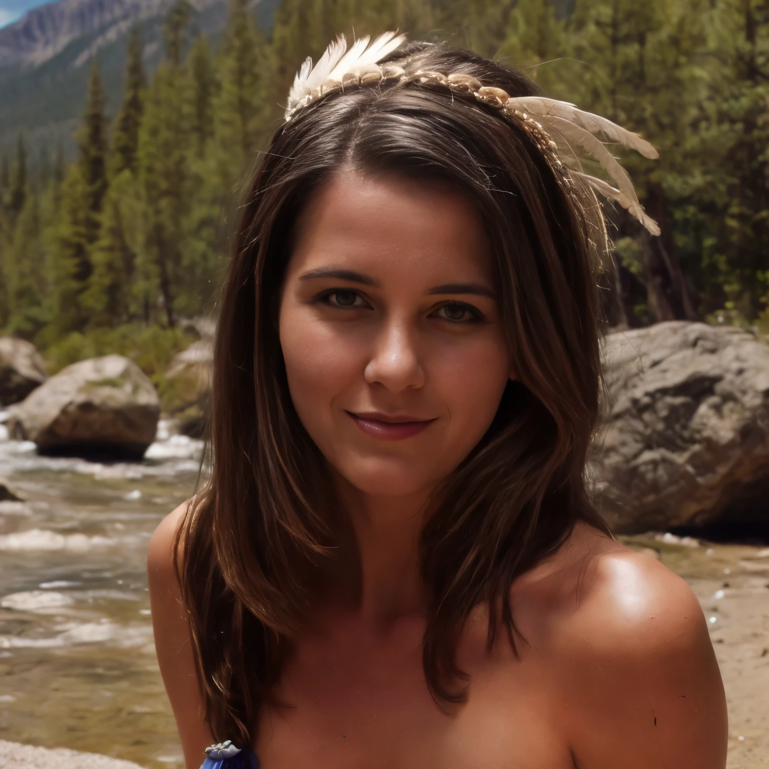 August Prompt
A woman named LaGermania, seductive, slightly smiling, with black hair, having fun, poses for a chic calendar photoshoot in the east of Canada's Rocky Mountains during August. She stands on a sunlit gravel beach with huge boulders, the sea sparkling under the late summer sun, and the majestic Rocky Mountains in the background. LaGermania, with open, interested, curious, seductive, knowing eyes, is playfully interacting with a small river otter, her eyes twinkling with mischief. She wears traditional summer attire of the Cree tribe, adorned with turquoise pearls and a massive feather headdress, reflecting the cultural heritage of the region. Her clothing consists of a tanned elk hide dress, decorated with intricate beadwork and fringes, along with leather moccasins. Her jet-black hair is styled in long, flowing braids intertwined with feathers and beads, adding elegance to her ensemble. She has a sporty figure, her playful poses combine humor and allure. The surroundings are alive with the beauty of nature, with the gravel beach, scattered boulders, and distant mountains creating a picturesque scene. In the background, Cree family members are seen, wearing traditional summer attire and engaging in activities that highlight their connection to nature. The ultra-detailed, dreamlike quality of the image highlights the rich textures and vibrant colors of the Rocky Mountains landscape. Make a historical photo of the scene and items and clothes historically accurate to reflect the time around year 1800. Tools and clothes were self-made from natural resources like from plants and animal parts. No modern tools nor fabrics nor buildings nor modern style fashion.