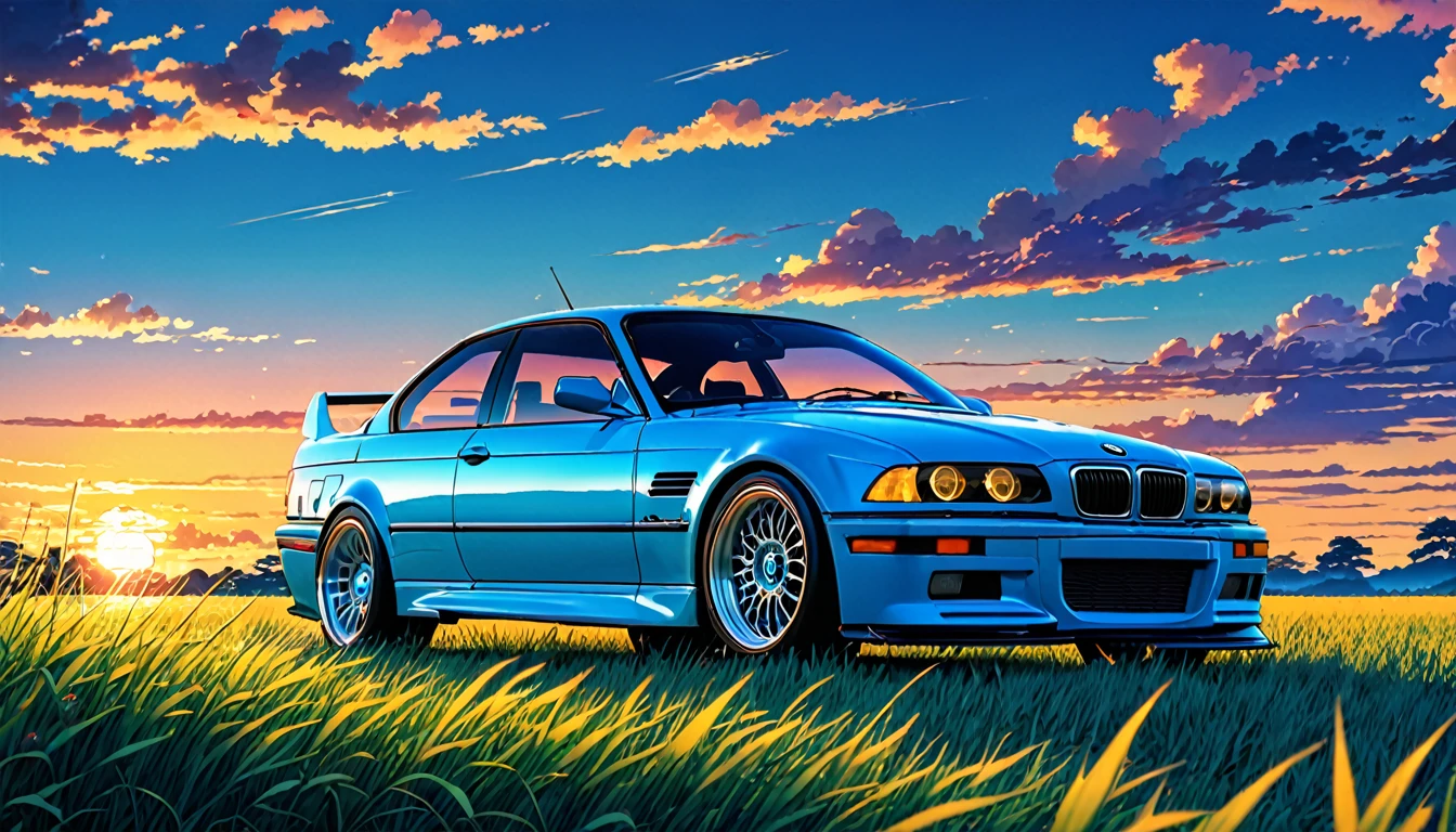 A classic BMW M3 E36 sports car in ABS blue、Anime scenery of a girl sitting in tall grass with a sunset in the background.Beautiful anime scene, Beautiful anime peace scenes, Makoto Shinkai Cyril Rolland, Beautiful anime scene, Awesome Wallpapers, Anime Art Wallpapers 8K, Anime Background, artistic Anime Background, anime wallpaper 4k, Anime Art 4K Wallpaper, Anime Wallpaper Art 4k,
