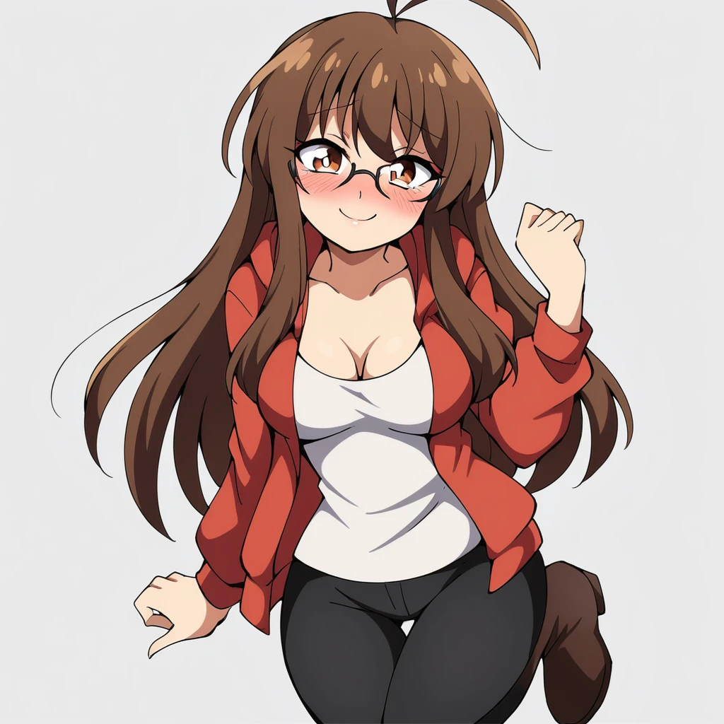 (mix1), anime art style, 2d, masterpiece, best quality, very aesthetic, absurdres, dynamic shadows, atmosferic, (1girl), (brown hair), antenna hair, long hair, brown eyes, eyeslashes, detailed eyes, glasses, ahoge, bangs, medium breasts, cleavage, collarbone, makeup, intense blush, red hoodie, white shirt, black pants, brown boots, open clothes, sexy smile, standing on one leg, (cowboy shot), from front, looking at viewer, simple background, ((white background))