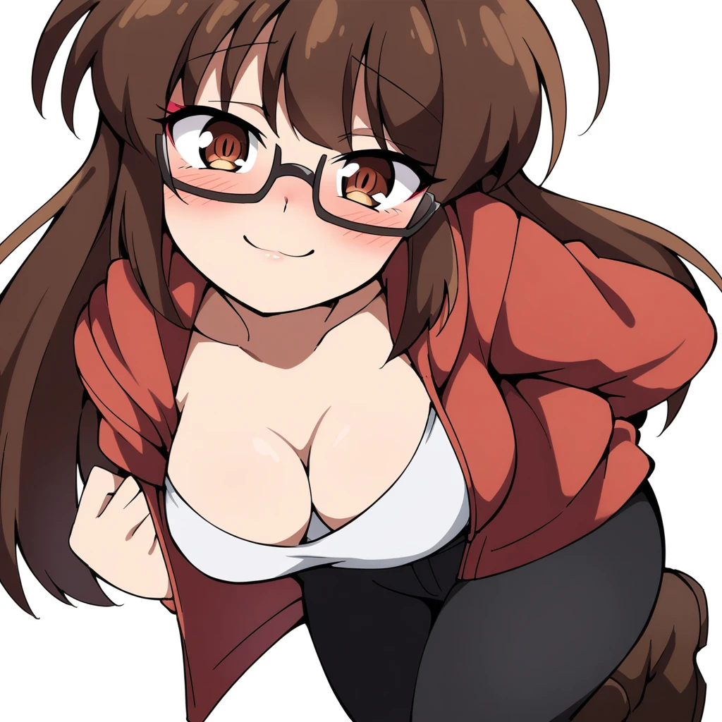 (mix1), anime art style, 2d, masterpiece, best quality, very aesthetic, absurdres, dynamic shadows, atmosferic, (1girl), (brown hair), antenna hair, long hair, brown eyes, eyeslashes, detailed eyes, glasses, ahoge, bangs, medium breasts, cleavage, collarbone, makeup, intense blush, red hoodie, white shirt, black pants, brown boots, open clothes, sexy smile, standing on one leg, (cowboy shot), from front, looking at viewer, simple background, ((white background))