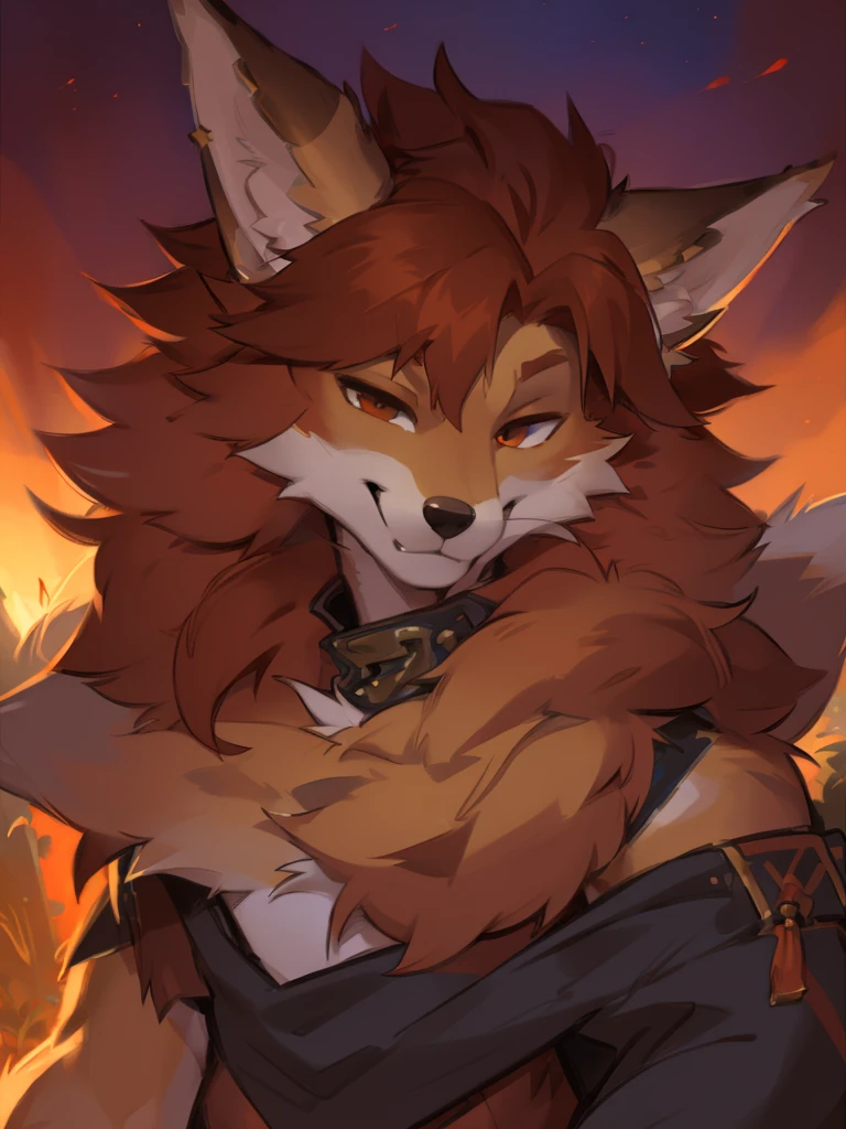 anthro furry male coyote red and white tan color fur spikey hair smug expression headshot bust best quality, 4k, (by foxovh, rOSS tran, pino daeni),