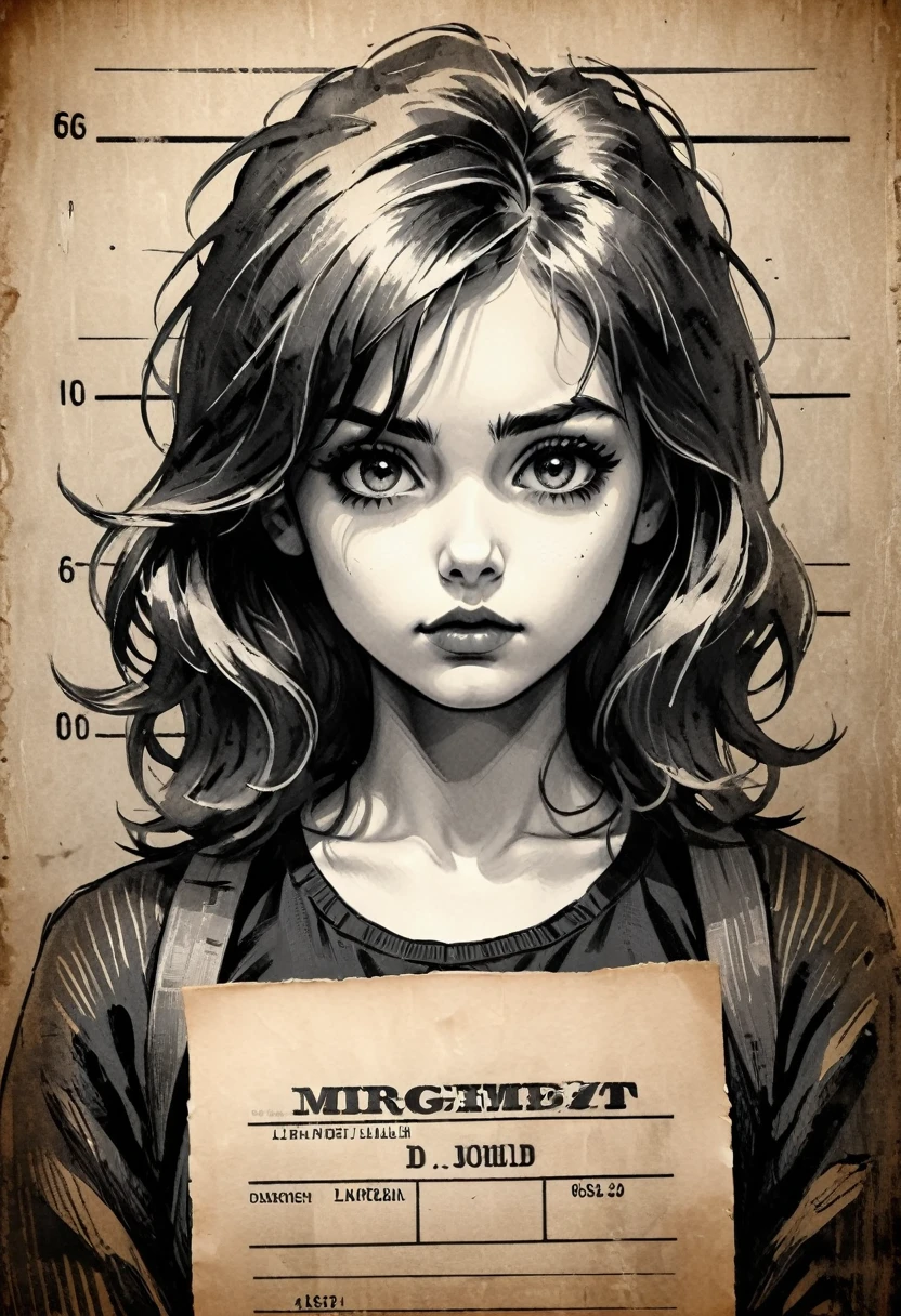 A girl in a mugshot, sketch, black and white, detailed features, cute, vintage style, high contrast lighting, expressive eyes, tousled hair. (best quality, highres, realistic:1.37), vintage, monochrome, intense gaze, dramatic lighting, rugged background, distressed paper texture, retro vibes, id photo, front view