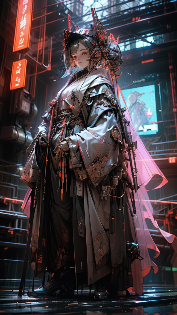 A nomadic robot, in the desert, wearing a disheveled shawl, holding a staff, wearing a large metal hat, rough, rusty, dusty body, thin frame, tall, cyberpunk, Cyborg., Session surreal version of a woman kneeling down on one leg holding a sword in her hand, very beautiful cyberpunk samurai, anime cyberpunk art, cyberpunk samurai, cyberpunk anime art, cyberpunk anime, cgsociety 9, technical cyberpunk anime art number, style of maciej kuciara.1girl, samurai armor, devil mask helmet, intricate, detailed ornaments, cool colors, metallic, Egyptian details, extremely intricate details, luster realistic lighting, trends in cgs society, glowing eyes, facing camera, neon details, surreal details, full body portrait, Japanese atmosphere, global illumination, shadows, rendering octane, 8k, super sharp. cool lolita.
