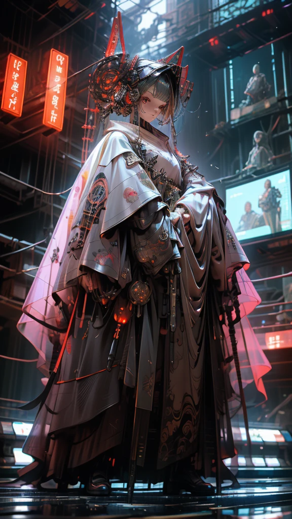 A nomadic robot, in the desert, wearing a disheveled shawl, holding a staff, wearing a large metal hat, rough, rusty, dusty body, thin frame, tall, cyberpunk, Cyborg., Session surreal version of a woman kneeling down on one leg holding a sword in her hand, very beautiful cyberpunk samurai, anime cyberpunk art, cyberpunk samurai, cyberpunk anime art, cyberpunk anime, cgsociety 9, technical cyberpunk anime art number, style of maciej kuciara.1girl, samurai armor, devil mask helmet, intricate, detailed ornaments, cool colors, metallic, Egyptian details, extremely intricate details, luster realistic lighting, trends in cgs society, glowing eyes, facing camera, neon details, surreal details, full body portrait, Japanese atmosphere, global illumination, shadows, rendering octane, 8k, super sharp. cool lolita.