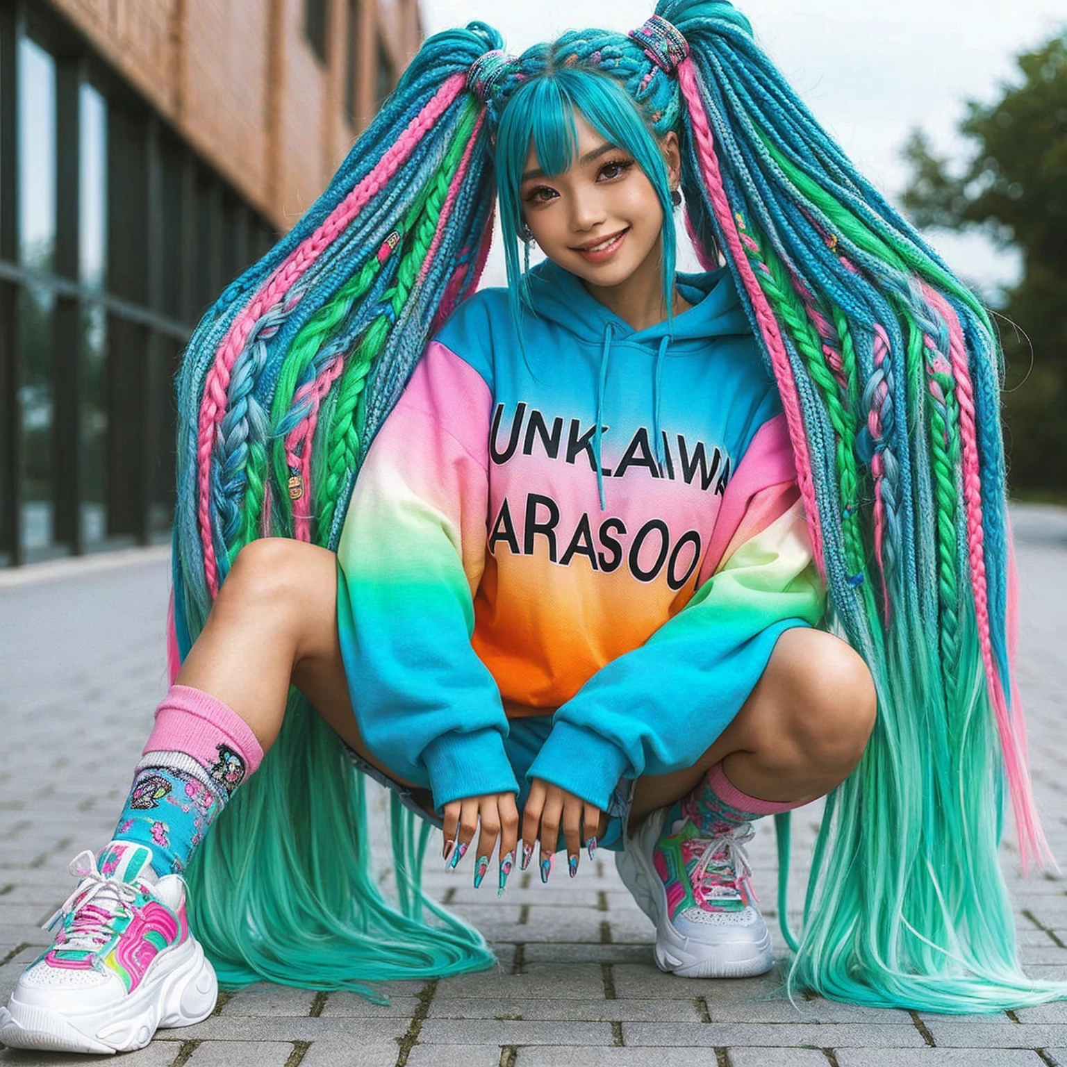 Full body shot of an asian woman wearing colorful streetwear that says "Unikawa Araso", White shoes, with long colorful dreadlocks, box braids, colorful pigtails, lisa frank style, colorful!!!, posing for a stylish photo shoot candid, she is happy and smiling, teal long braided hair, bright color, bright color, with aqua neon dreadlocks, multi-colored, lisa frank style, colorful hair, turquoise pink and green, outdoor background, photorealistic, ultra high definition, 16K