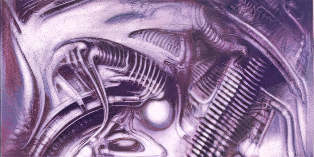 g1g3r, Giger_style, The image is a detailed view of H.R. Giger's \" Li II \" plate, featuring a complex network of bones and organs in a purple-brown hue ,swirling gray and brown colorsgroup of three alien figures positioned in the foreground.  Emaciated and skeletal, with hollow eyes, they appear to be constructed from bone and  metallic  elements,  a  characteristic  fusion  of  organic  and  mechanical  forms  found  in  Giger's  biomechanical  art.  
 The image features a robotic humanoid figure with intricate mechanical details, standing in a room with a glowing screen displaying the word \"EVE\" and a hand reaching out to touch its face.  The background is a dark and  limited  space  painted  in  a  uniform  blue-green color.  This  lack  of  detail  keeps  the  focus  on  the  figures  and  creates  a  sense  of  mystery  about  their  environment.  Receding into the distance  are  a  series  of  arches  and  tunnels  that  hint  at  a  larger  biomechanical  landscape,  possibly  the  work  of  the  creatures  themselves The artwork is silver and purplish brown, with an ivory bones prominently displayed. The image is highly detailed and intricate, almost like a 3d version of a medical diagram (detailed view of an anatomy model, possibly of a human body, with transparent organs and bones exposed). The piece has a thick mechano-organic texture and is covered in fine details. The image has a swirling, organic quality to it. The artistic manner would be unmistakably Gigeresque. A dark and unsettling beauty would permeate the piece, blurring the lines between fascination and repulsion , forever haunted by the grotesque allure. Giger's signature artistic manner would be evident in every stroke. The airbrush would be wielded with masterful precision to create a hyperrealistic yet nightmarish aesthetic.., ooze soaked pajama top
