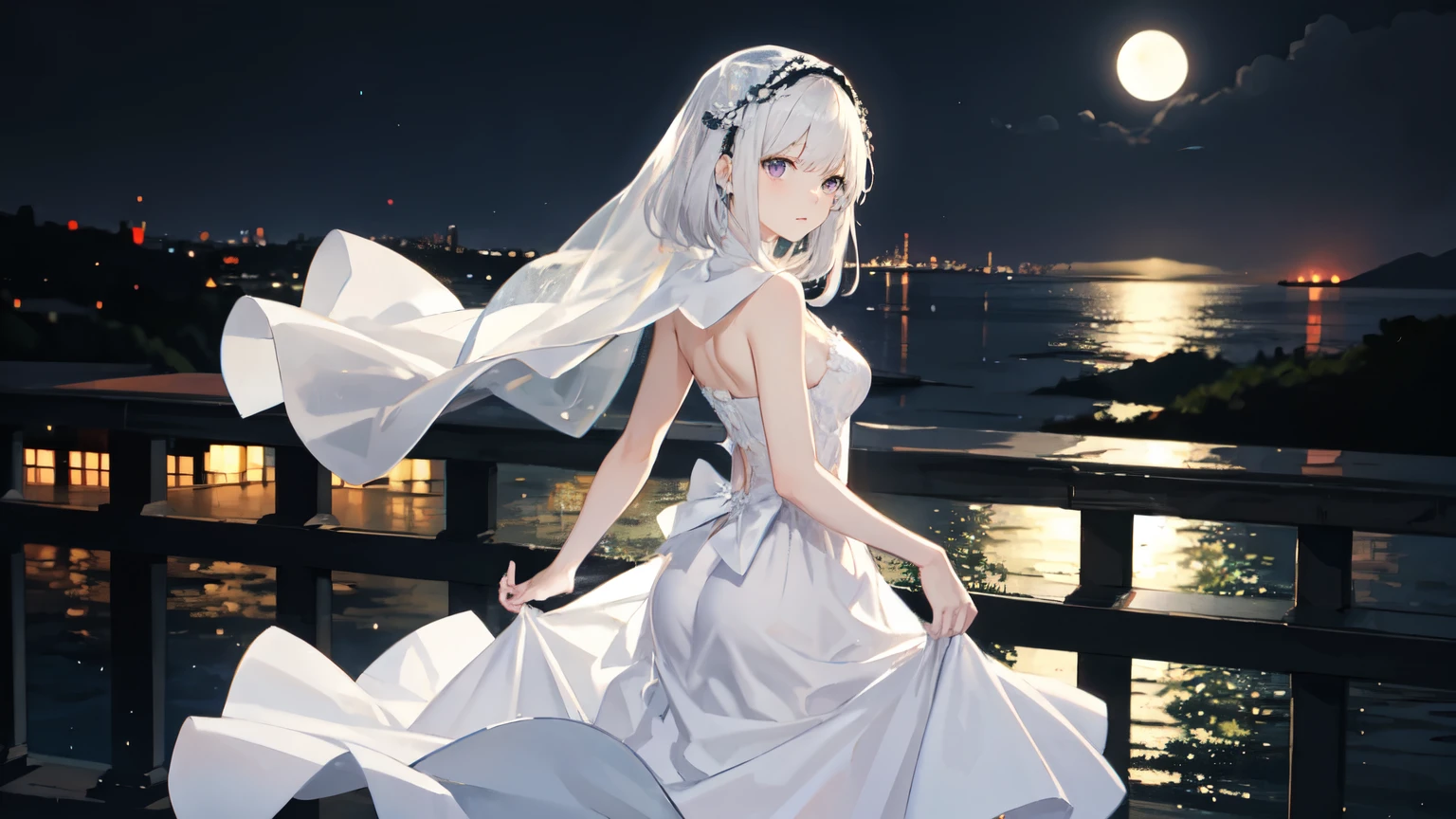 Under the moonlight、Wearing a pure white dress、A beautiful girl with white hair and a white veil、Violet eyes staring out at the coast with the city in the distance。