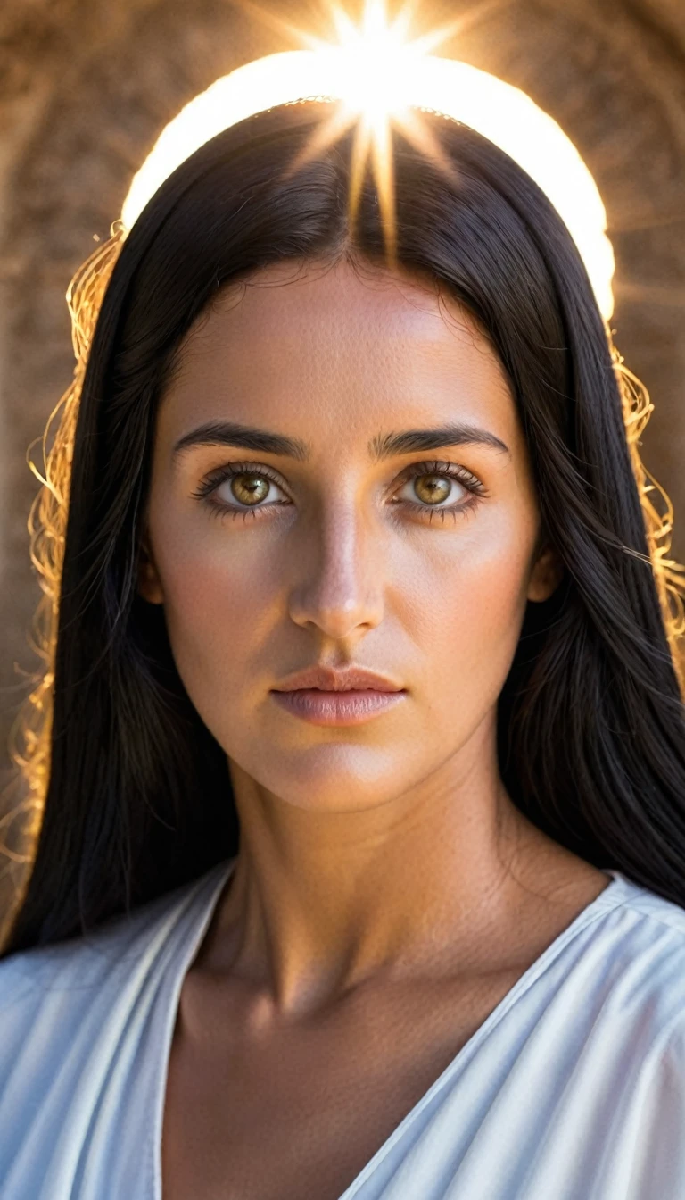 Frontal portrait (from the front) Mary, Mother of Jesus, eyes firm and aligned (symmetry in frontal portrait) (afternoon light)(young woman punished by the sun) capturing her face (sample black hair).(Mary, Mother of Jesus) lighting and senario da epoca (simple clothing of the time))