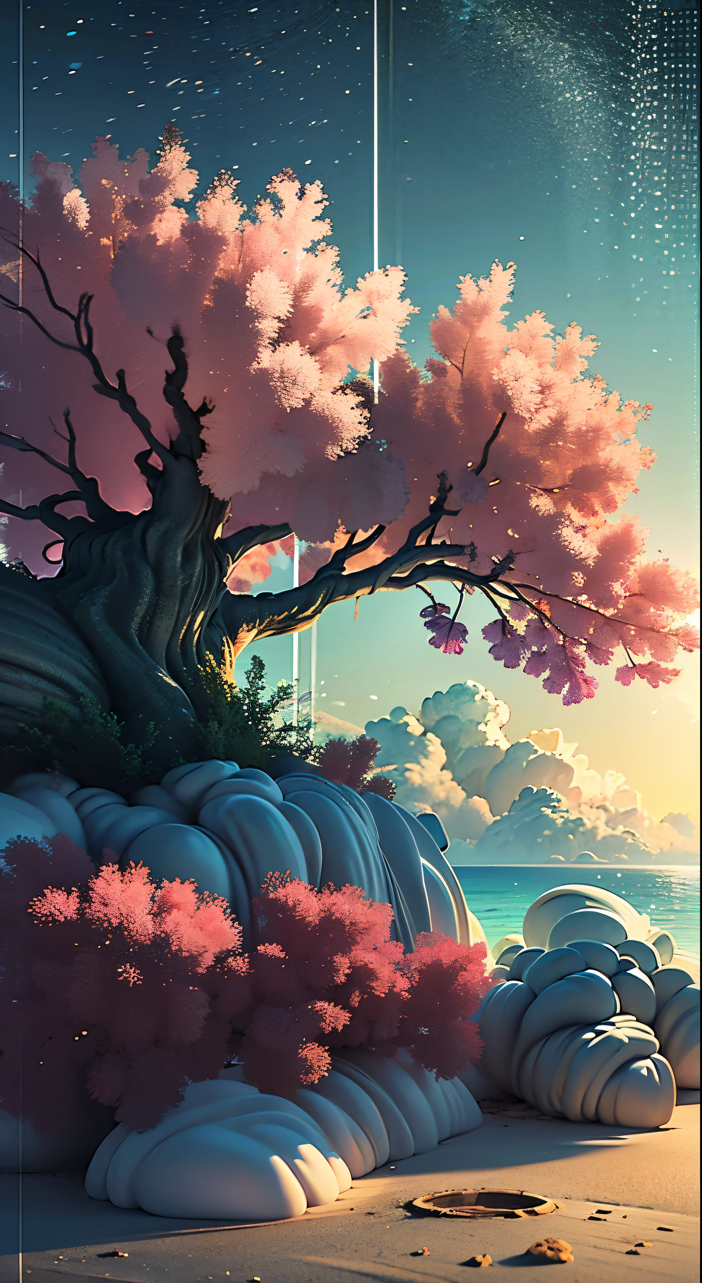 an amazing pink tree on a rock on the beach, in the style of realistic depiction of light, passage, faith-inspired art, abandoned spaces, light-filled scenes, immersive environments, flower and nature motifs --ar 14:25  