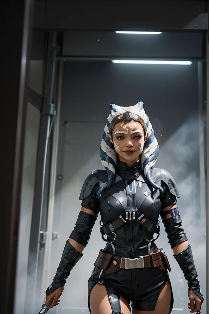 (Highest image quality, outstanding details, ultra-high resolution), 1 girl, (wearing futuristic military outfit), (glamour body:1.2, buffed and muscular body), (a bit chubby:0.5), (futuristic military outfit inspired by Darth Vader from Star Wars, military harness, military gears such as pouches), background military base, mild smile, dynamic pose, dramatic lighting,ahsoka