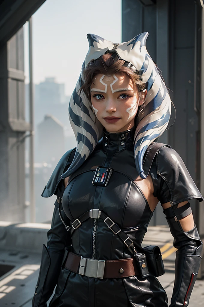(Highest image quality, outstanding details, ultra-high resolution), 1 girl, (wearing futuristic military outfit), (glamour body:1.2, buffed and muscular body), (a bit chubby:0.5), (futuristic military outfit inspired by Darth Vader from Star Wars, military harness, military gears such as pouches), background military base, mild smile, dynamic pose, dramatic lighting,ahsoka
