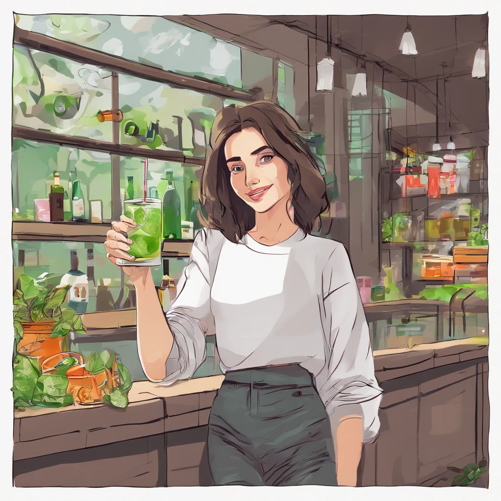 🪄для Мишель🎁от🎭Grey🎈








,
beautiful brunette woman in a light sweatshirt and jeans shows a like for Gray with her finger and drinks a mojito in a cafe near the park, bright green eyes, satisfied smile, sharp lines, Detailed drawing, half-side view, 16K