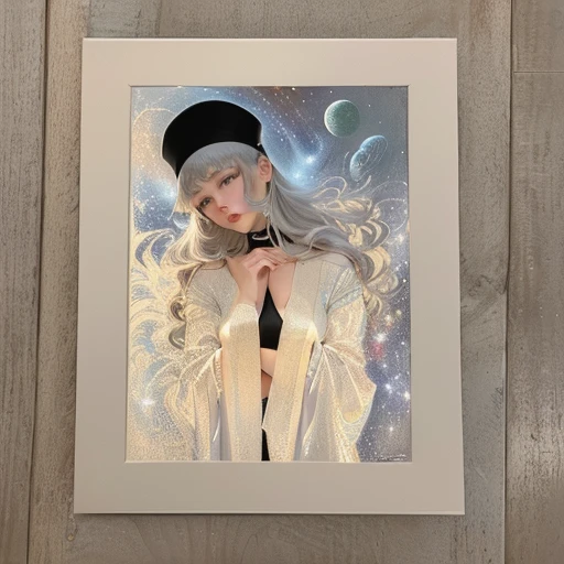 a close up of a picture of a woman with a black hat, art deco portrait, art deco of a space woman, artwork in style of sheng lam, art deco painting, inspired by Itō Shinsui, inspired by Diane Dillon, art deco illustration, in a silver silk robe, hajime sorayama designed girl, silver hair girl