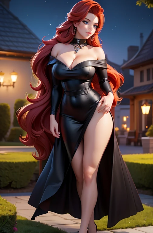 (best quality,4k,8k,highres,masterpiece:1.2),ultra-detailed,(realistic,photorealistic,photo-realistic:1.37), 21 years old woman, long and smooth red tone hair, bright blue eyes, extremely detailed eyes, beautiful detailed lips, elegant black dress, big , big ass, big hip, nsfw, Background garden in the night, full body image.