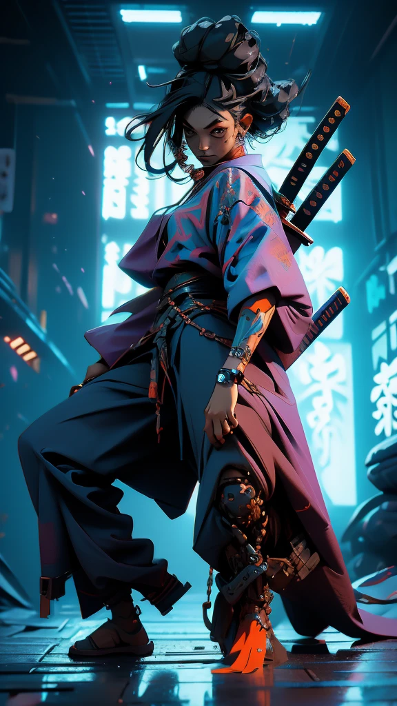 Ninja girl cyborg. Cyberpunk samurai hold katana