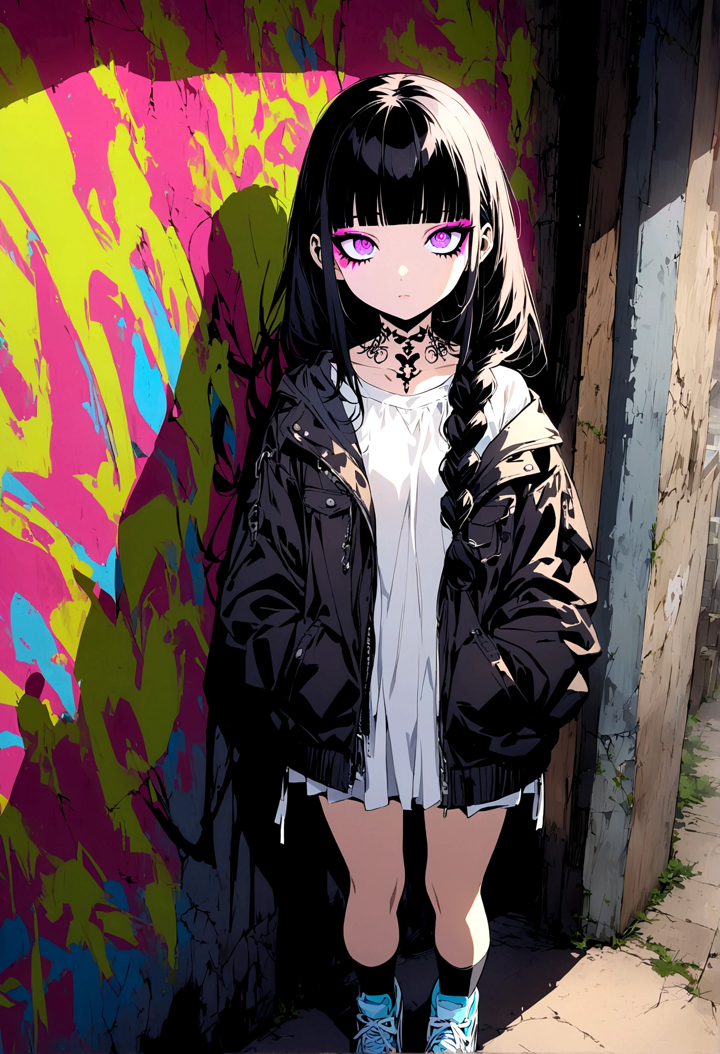 blunt bangs、Gothic、Step Piece, Best Quality, Best Illustration, Ultra-detailed,girl, pinkrose long hair, crazy baddie girl, Cool Black Open Short Jacket, neck tattoo, Messy Fade Cut Hair, Side braided hair,Crazy, standing with an eerie feeling, abandond street graffiti wall background,knee high socks, quirky sneakers, Eyeshadow on the eyes,unusual colored eyes, Eyes of fear, Vivid eyes, cool shot
