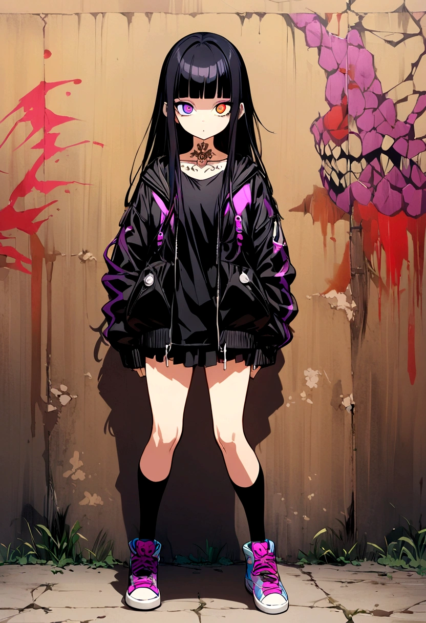 blunt bangs、Gothic、Step Piece, Best Quality, Best Illustration, Ultra-detailed,girl, pinkrose long hair, crazy baddie girl, Cool Black Open Short Jacket, neck tattoo, Messy Fade Cut Hair, Side braided hair,Crazy, standing with an eerie feeling, abandond street graffiti wall background,knee high socks, quirky sneakers, Eyeshadow on the eyes,unusual colored eyes, Eyes of fear, Vivid eyes, cool shot