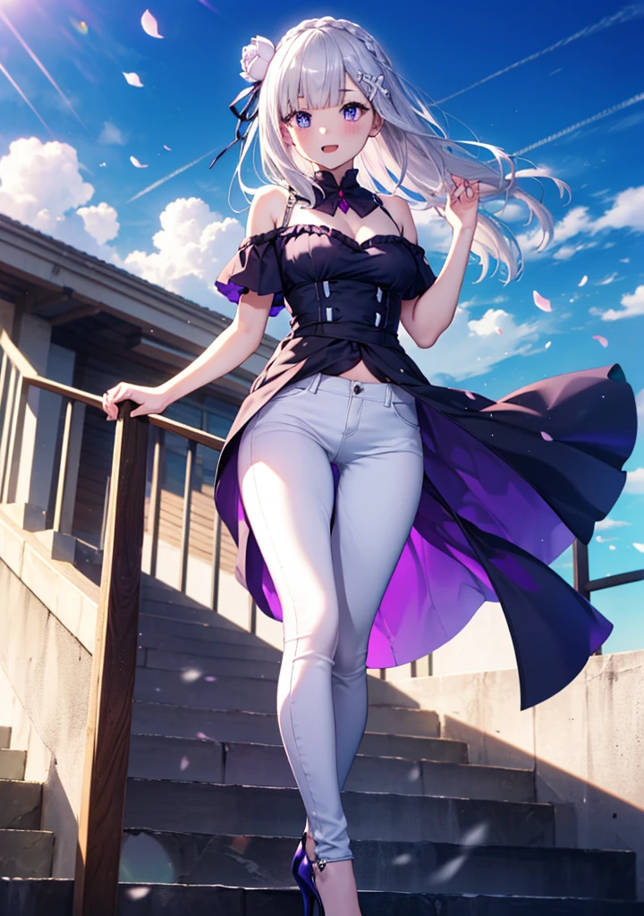 Emilia, Braiding, crown Braiding, flower, hair flower, hair ornaments, Hair Ribbon, Long Hair, Pointed Ears, (Purple eyes:1.2), Gray Hair, x hair ornaments,
blush,happy smile, smile, Open your mouth,Pointed Ears, white flower, x hair ornaments,Cold Shoulder Shirt,Short sleeve,Skinny jeans,Stiletto heels,noon,Clear skies,Walking, whole bodyがイラストに入るように, break looking at viewer, whole body, break outdoors, Building district, break (masterpiece:1.2), Highest quality, High resolution, unity 8k wallpaper, (shape:0.8), (Beautiful and beautiful eyes:1.6), Highly detailed face, Perfect lighting, Highly detailed CG, (Perfect hands, Perfect Anatomy),