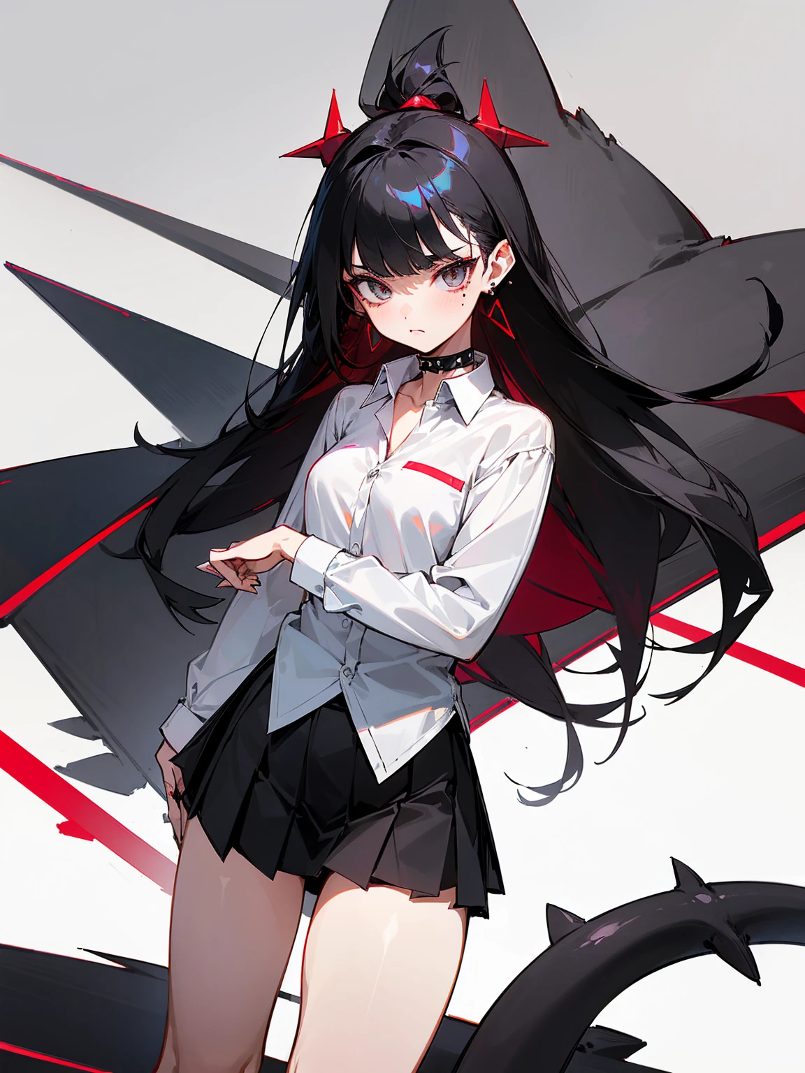 ((Long Straight Black hair)), Perfect face, Choker, Punk earrings, ((Tall)), ((High Quality)), Necklace, ((Mature)), Pretty Eyes, Sharp Nails, Bangs, ((1 Girl)), ((Multiple Earrings)), 1 girl, Spiky Earrings, Adult, Spiked Collar, Thin Eyelashes, Plain Background, Red Colors in Background, Shark Girl, Long Tail, Large Tail, Massive Tail, Shark Tail, ((Black Pleated Skirt With White Lines)), ((White Buttoned Shirt)), Close Up, Very Short Mini Skirt, Tall, Long Legs, Dynamic Pose, Black Tail, 2 moles under left eye, Wide Hips, Pantyhose, Thick Thighs, Vibrant Colors, Spreading Legs, Lewd, Muscular Legs,