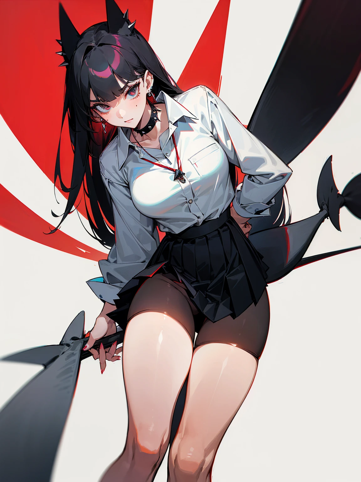 ((Long Straight Black hair)), Perfect face, Choker, Punk earrings, ((Tall)), ((High Quality)), Necklace, ((Mature)), Pretty Eyes, Sharp Nails, Bangs, ((1 Girl)), ((Multiple Earrings)), 1 girl, Spiky Earrings, Adult, Spiked Collar, Thin Eyelashes, Plain Background, Red Colors in Background, Shark Girl, Long Tail, Large Tail, Massive Tail, Shark Tail, ((Black Pleated Skirt With White Lines)), ((White Buttoned Shirt)), Close Up, Very Short Mini Skirt, Tall, Long Legs, Dynamic Pose, Black Tail, 2 moles under left eye, Wide Hips, Pantyhose, Thick Thighs, Vibrant Colors, Spreading Legs, Lewd, Muscular Legs,