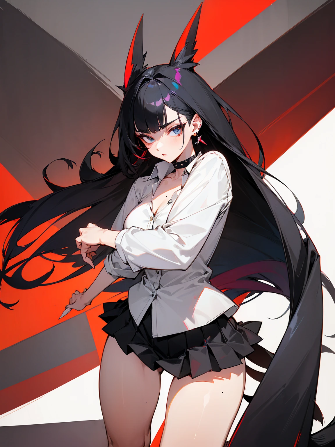 ((Long Straight Black hair)), Perfect face, Choker, Punk earrings, ((Tall)), ((High Quality)), Necklace, ((Mature)), Pretty Eyes, Sharp Nails, Bangs, ((1 Girl)), ((Multiple Earrings)), 1 girl, Spiky Earrings, Adult, Spiked Collar, Thin Eyelashes, Plain Background, Red Colors in Background, Shark Girl, Long Tail, Large Tail, Massive Tail, Shark Tail, ((Black Pleated Skirt With White Lines)), ((White Buttoned Shirt)), Close Up, Very Short Mini Skirt, Tall, Long Legs, Dynamic Pose, Black Tail, 2 moles under left eye, Wide Hips, Pantyhose, Thick Thighs, Vibrant Colors, Spreading Legs, Lewd, Muscular Legs,