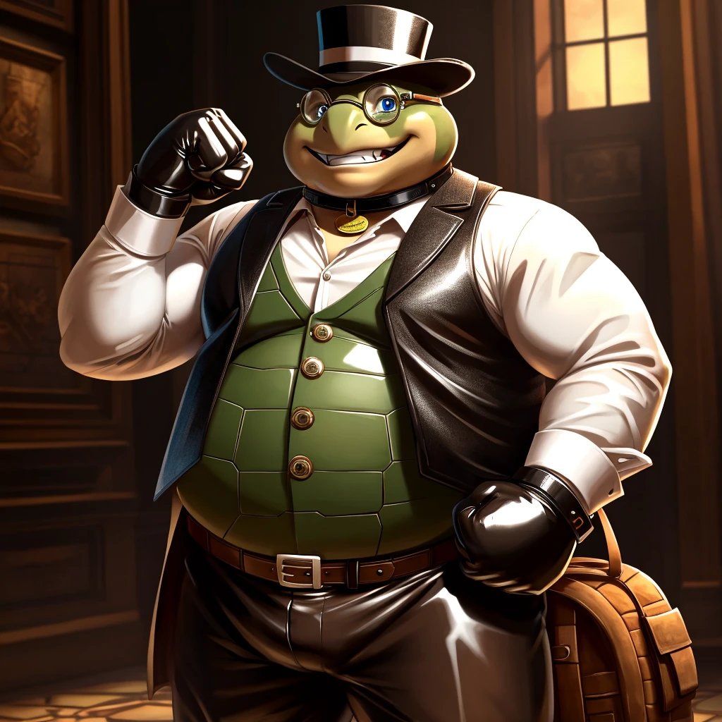 Solo, Male, fat, extremely obese, gentleman, dapper Professor Turtle, blue eyes, (posing:1.3), (soft shading), 4k, hi res, ((detailed face, detailed)), looking at viewer, evil grin, steampunk, collared shirt with ons, top hat, male focus, Explorer Outfit, glasses, monocle, bag, vest with butt backpack, sleeves rolled up, round eyewear, brown headwear, brown vest, Turtle is wearing a glossy leather dog collar around the neck, Turtle is wearing the leather collar and shirt and vest at the same time, Turtle is wearing glossy white rubber gloves on the hands, wearing white rubber gloves on the feet, Turtle is wearing glossy white cuffs around the wrists with cufflinks, gloves are rubber in texture, clenching teeth, clenching fists, leather collar is glossy and shiny with a lot of detail, Turtle is wearing gloves and cuffs and cufflinks at the same time, leather collar has a round dog-tag, leather collar is thick and detailed.