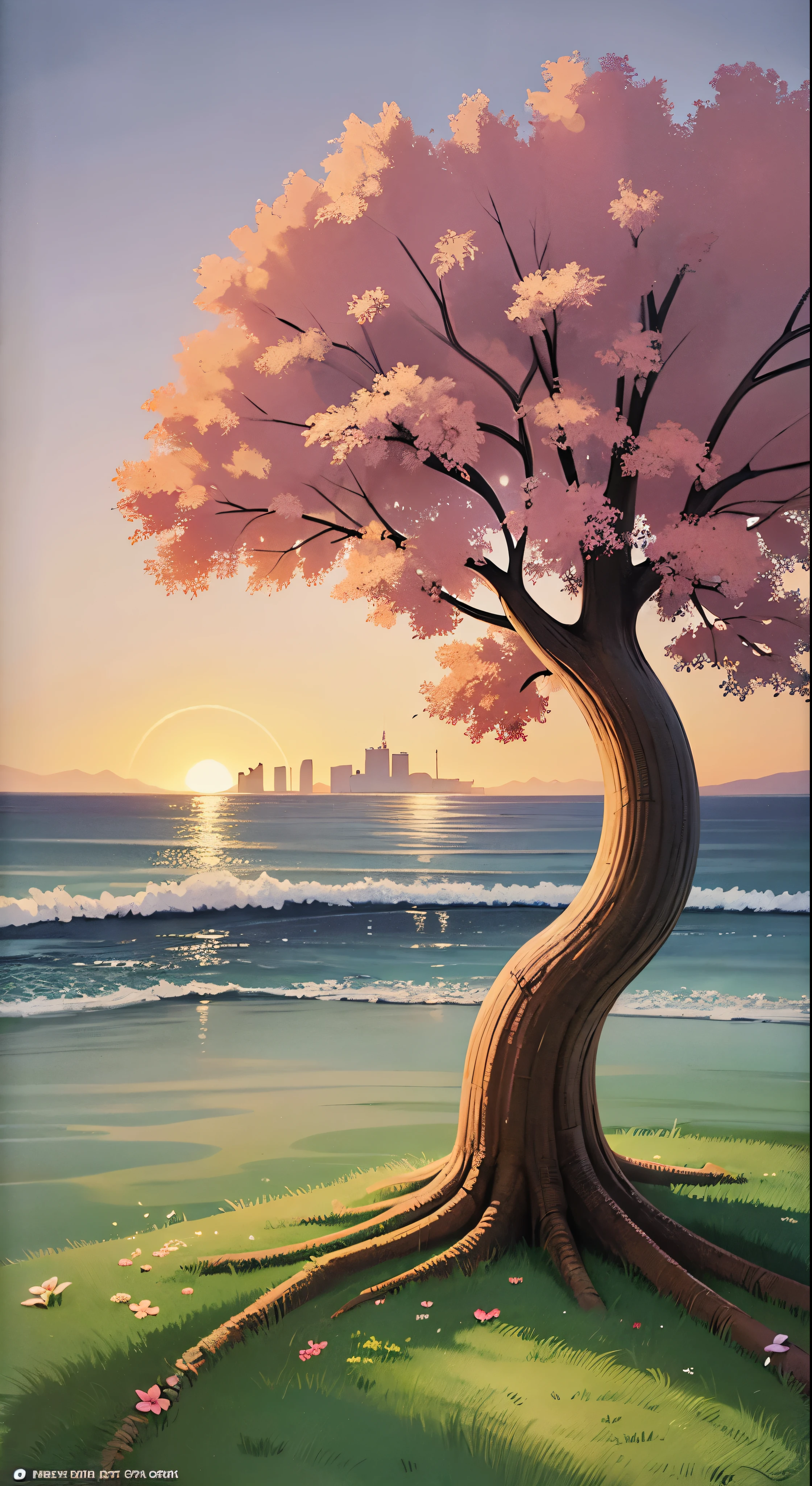 an amazing pink tree on a rock on the beach, in the style of realistic depiction of light, passage, faith-inspired art, abandoned spaces, light-filled scenes, immersive environments, flower and nature motifs --ar 14:25  