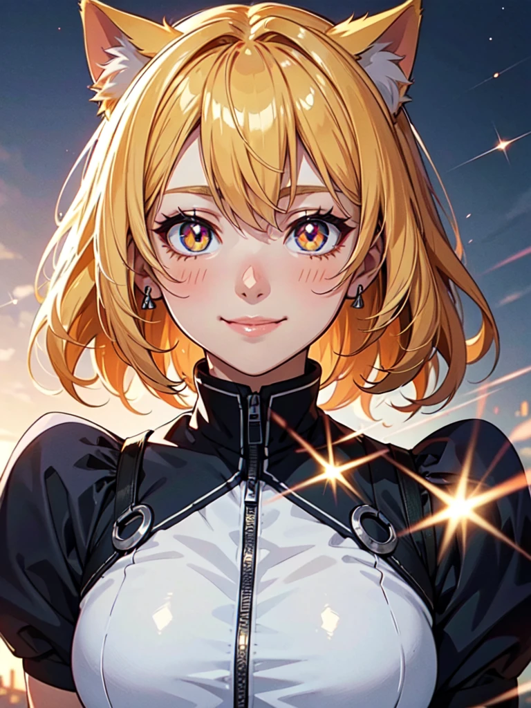 hair over shoulder, wavy hair, hair strand, shiny hair, blonde hair, eye reflection, glowing eyes, slit pupils, amber eyes, cat ears, smile, blush, glint, happy, anime, anime style, En plein air, high detail, cinematic lighting, ray tracing, reflection light, masterpiece, accurate, anatomically correct, super detail, high details, high quality, best quality, highres, 4K