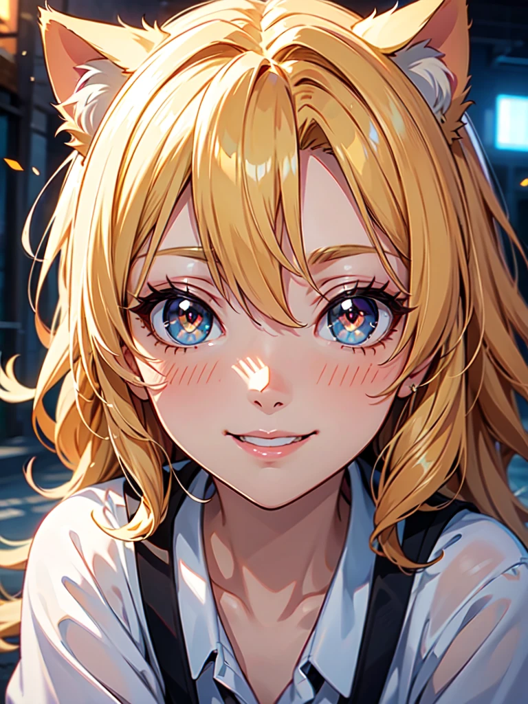 hair over shoulder, wavy hair, hair strand, shiny hair, blonde hair, eye reflection, glowing eyes, slit pupils, amber eyes, cat ears, smile, blush, glint, happy, anime, anime style, En plein air, high detail, cinematic lighting, ray tracing, reflection light, masterpiece, accurate, anatomically correct, super detail, high details, high quality, best quality, highres, 4K