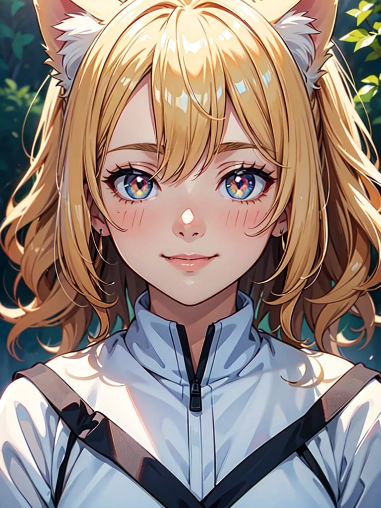 hair over shoulder, wavy hair, hair strand, shiny hair, blonde hair, eye reflection, glowing eyes, slit pupils, amber eyes, cat ears, smile, blush, glint, happy, anime, anime style, En plein air, high detail, cinematic lighting, ray tracing, reflection light, masterpiece, accurate, anatomically correct, super detail, high details, high quality, best quality, highres, 4K