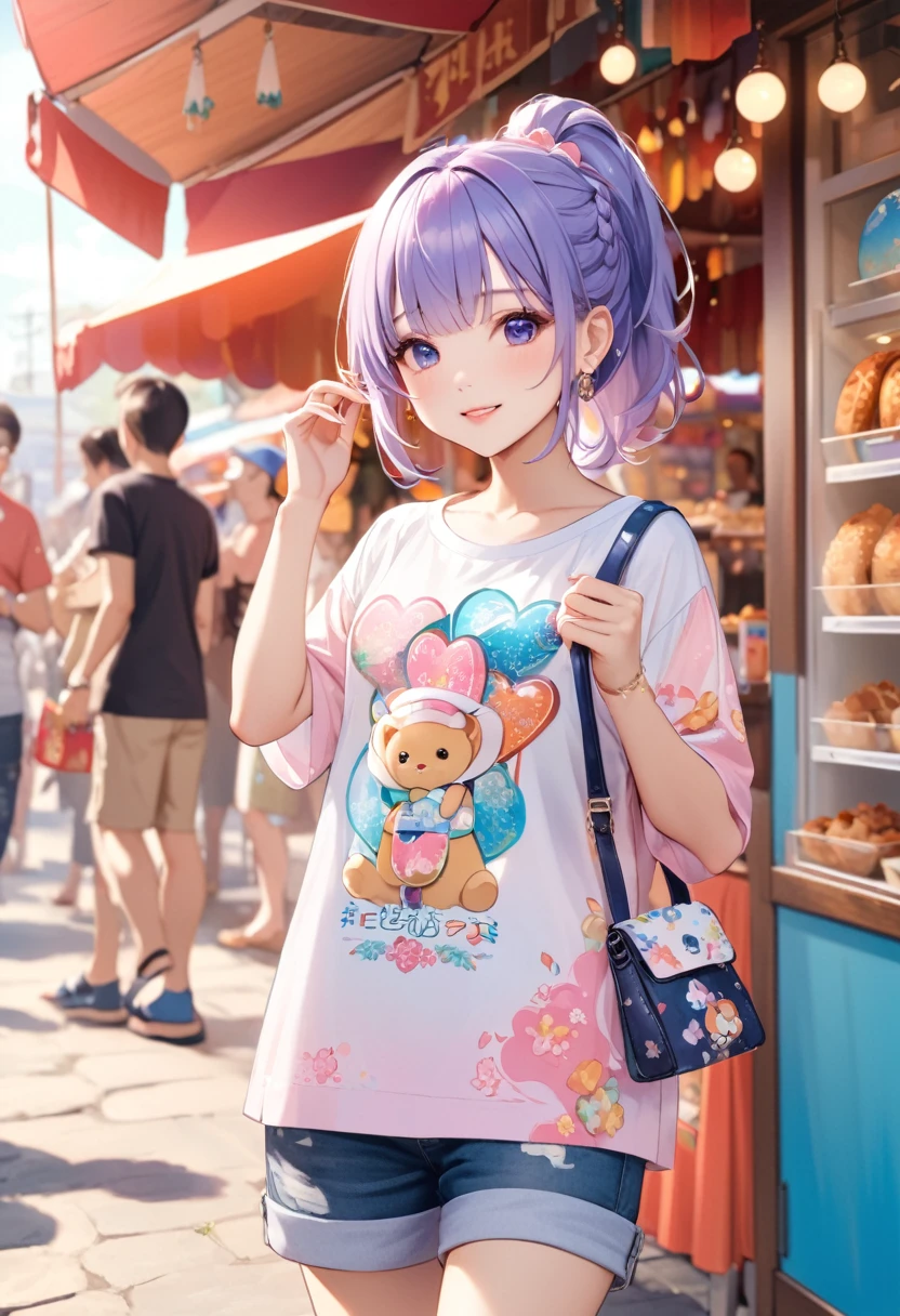 Highest quality、High resolution、Detailed Background、Beautiful face in every detail、Detailed facial expressions、Teenage beauty、Highly detailed face、cuteカラーの髪色、ponytail、Bob、cute仕草をする、Festival-day food stalls、Fun atmosphere、

(Festival-day food stallsを楽しんでいる2人の少女:1.5)、

Cotton candy in little hands、A big smile、In the midst of the festival bustle、Running with friends、
Shooting Challenge、Desperate for the prize、Goldfish scooping is also fun、Gently pick it up、
The aroma of freshly fried yakisoba、I&#39;m getting hungry、Play to your heart's content、enjoy、
My heart leaps、A festival under the blue sky、A child&#39;s innocent smile、It turns into a warm memory、

T-shirts with flashy designs and characters、Knee-length shorts、Denim or cotton、
Sandals or sneakers、Dresses and tunics、Something that is easy to move in and cool、
The gorgeous print is adorable、Pochette、
Brightly colored items and character motifs、cute