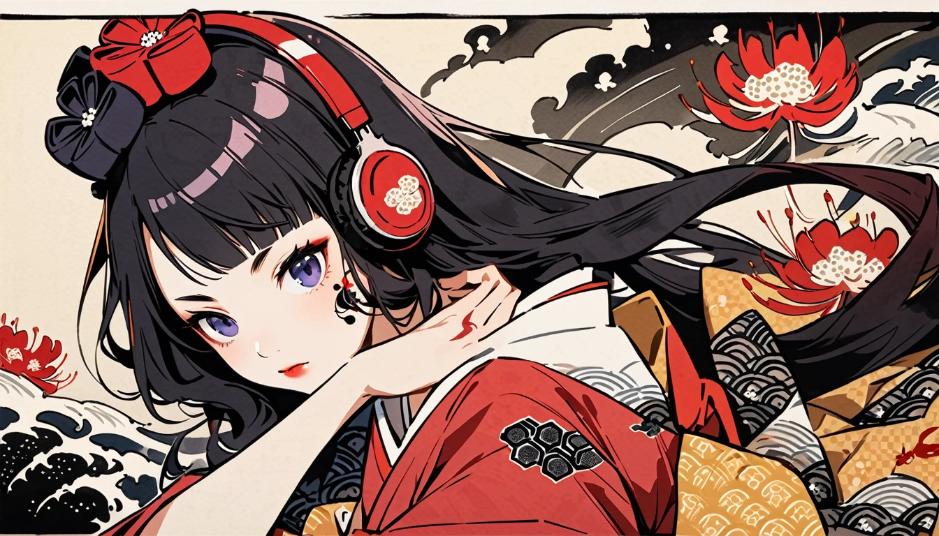 Tattoo on face, Highest quality, Katsushika Hokusai, Ink Painting, (((longhair))), (((Pale red kimono))), Japanese style headphones, Red spider lily, beautiful girl, Black Hair, Delicate and precise, Modern ukiyo-e style,