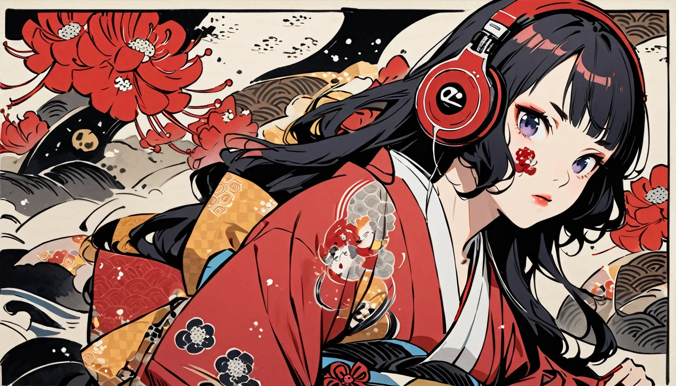 Tattoo on face, Highest quality, Katsushika Hokusai, Ink Painting, (((longhair))), (((Pale red kimono))), Japanese style headphones, Red spider lily, beautiful girl, Black Hair, Delicate and precise, Modern ukiyo-e style,