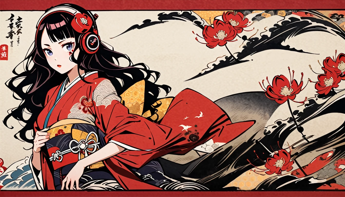 Tattoo on face, Highest quality, Katsushika Hokusai, Ink Painting, (((longhair))), (((Pale red kimono))), Japanese style headphones, Red spider lily, beautiful girl, Black Hair, Delicate and precise, Modern ukiyo-e style,