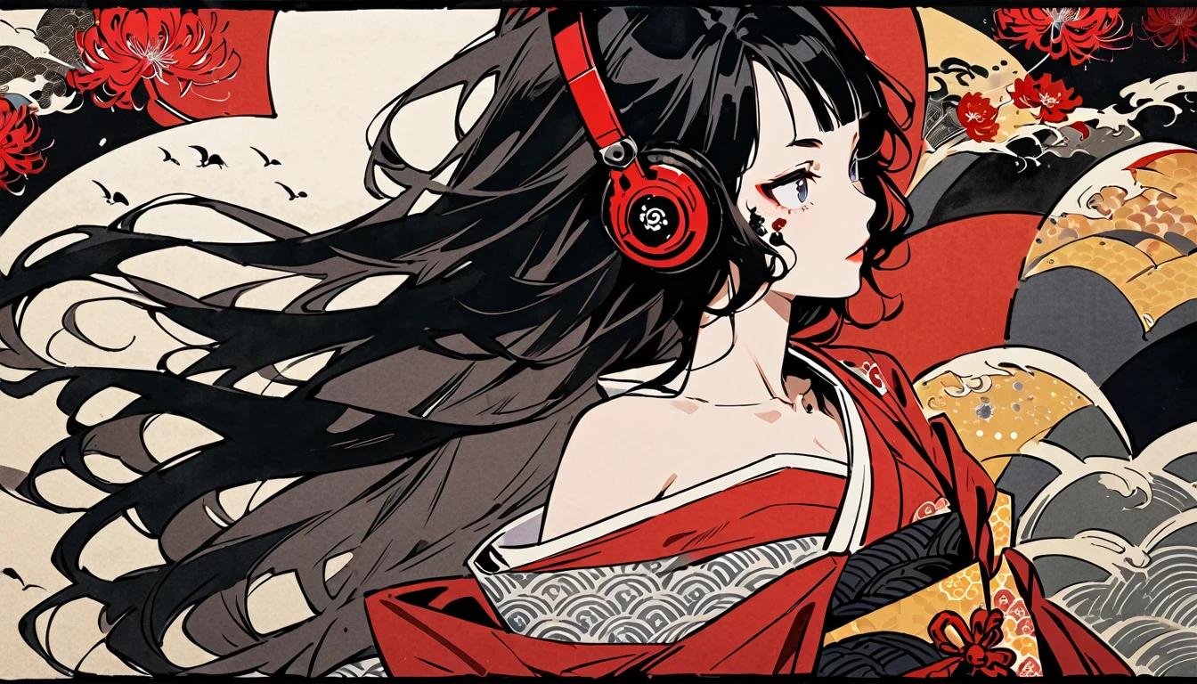 Tattoo on face, Highest quality, Katsushika Hokusai, Ink Painting, (((longhair))), (((Pale red kimono))), Japanese style headphones, Red spider lily, beautiful girl, Black Hair, Delicate and precise, Modern ukiyo-e style,
